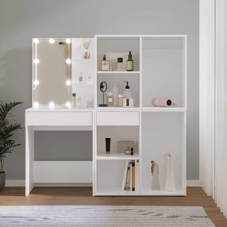 vidaXL Toeletta Hollywood LED con 2 Armadietti in Legno Multistrato Bianco L: 140 cm, P: 40 cm, H: 60 cm
