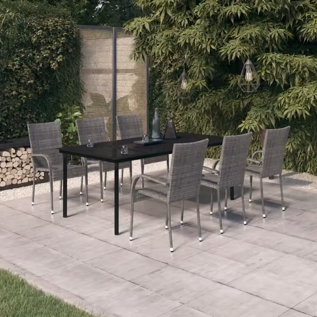 Set da pranzo da giardino vidaXL in polyrattan con piano in vetro e 7 pezzi, colori grigio e nero