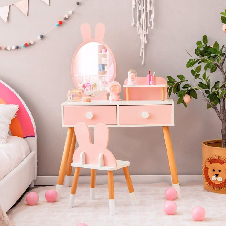Set tavolo da toeletta e sedia per bambini 2 in 1 con specchio, 2 cassetti e portaoggetti Rosa
