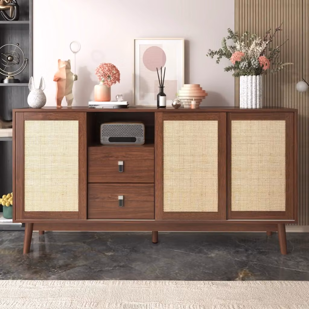 Credenza moderna in MDF con 3 ante scorrevoli in rattan e 2 cassetti, colore marrone scuro, L: 155 cm, P: 38 cm, H: 80 cm