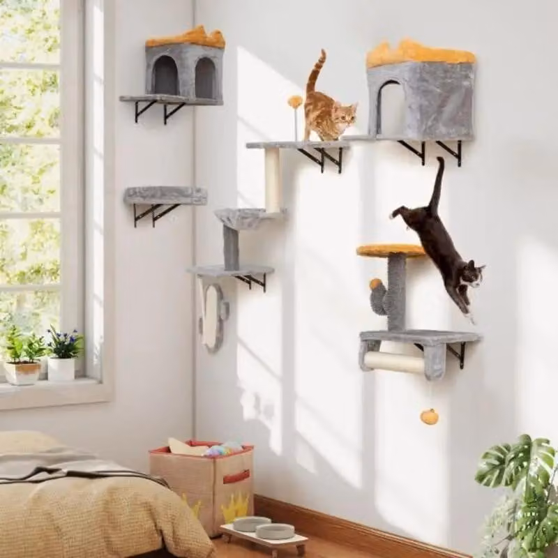 Kit per torre per gatti da montare a parete, completo di casetta