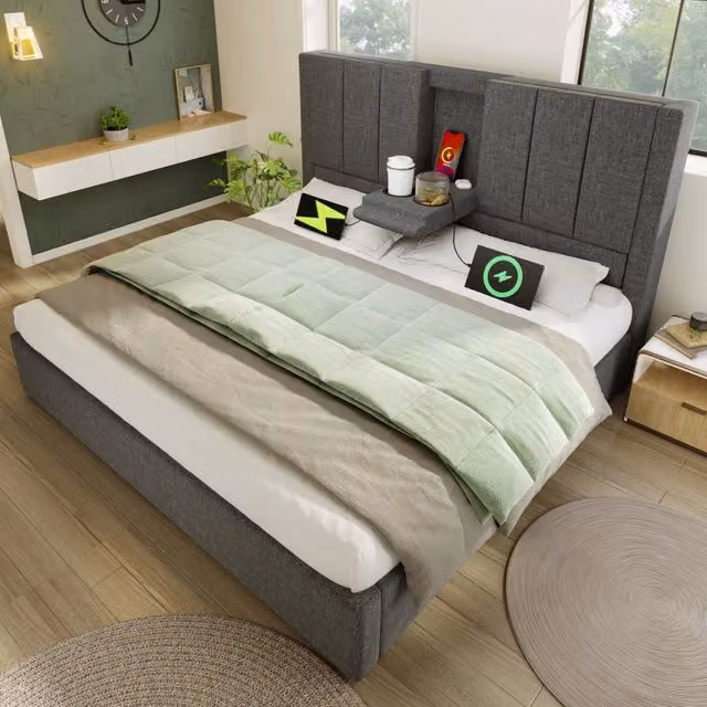 Letto imbottito 160x200 cm con portabevande nascosto, stazione di ricarica USB e contenitore con apertura idraulica, con materasso incluso, grigio lino