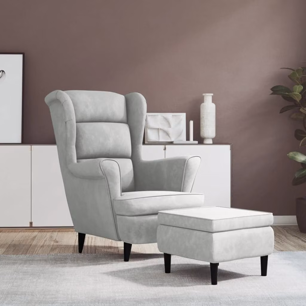The Living Store sedia ad ala con pouf in velluto grigio chiaro