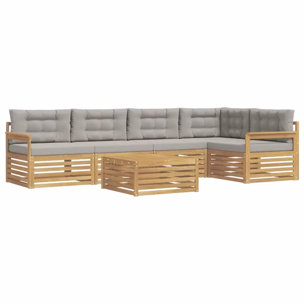 Set di divani da esterno a L con tavolino vidaXL, colore bianco e grigio, struttura in legno di acacia trattato e cuscini inclusi – 2