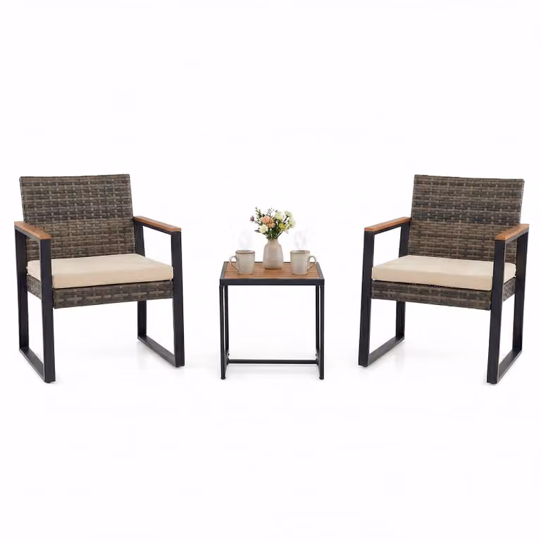Set di mobili da giardino Costway in rattan beige composto da 3 pezzi con cuscini imbottiti per balcone o esterno