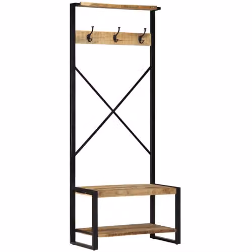Porta abiti da ingresso con panca in legno massello di mango e metallo (80x40x190 cm)