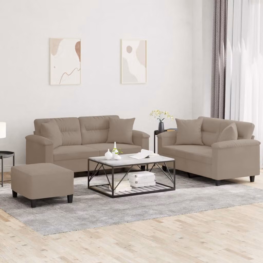 Set di divani 3 pezzi vidaXL in microfibra beige e grigio con cuscini inclusi – 1