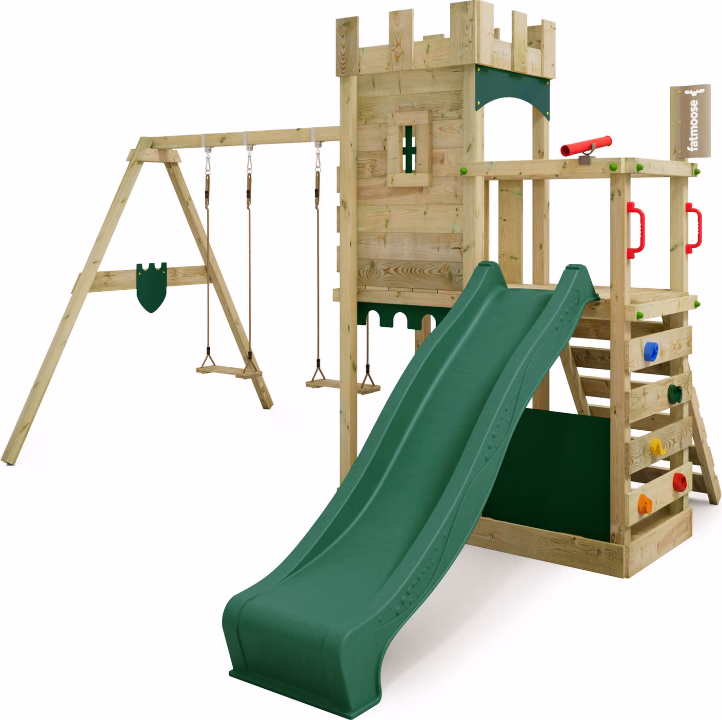 Castello dei cavalieri Fatmoose BoldBaron Boost XXL: torre da arrampicata con altalena, colore verde