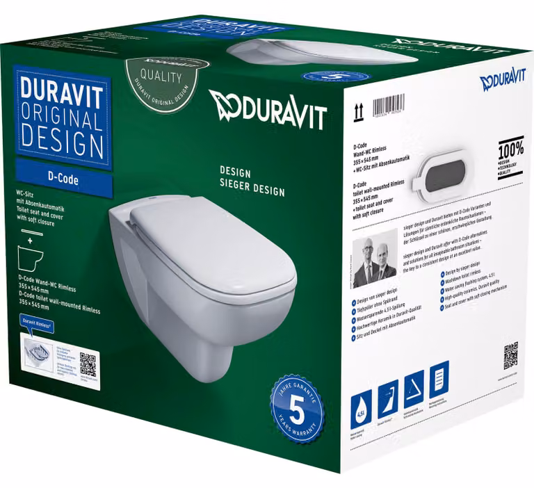 Duravit Wand-Tiefspül-WC D-Code Set 355x540mm spülrandlos mit WC-Sitz