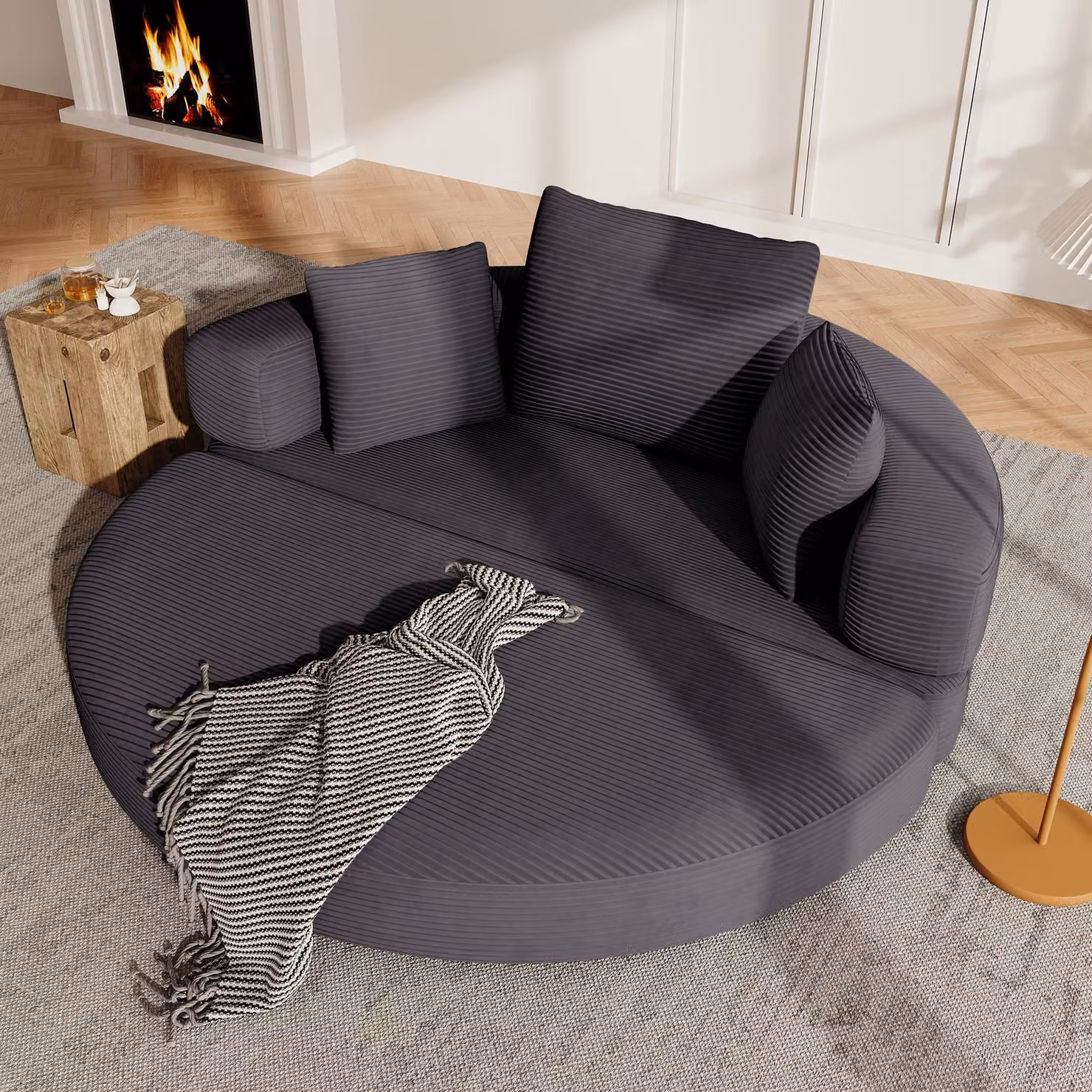 Divano modulare okwish con cuscini e braccioli, trasformabile in letto, design ovale, rivestito in tessuto corduroy, ideale per il soggiorno, colore nero