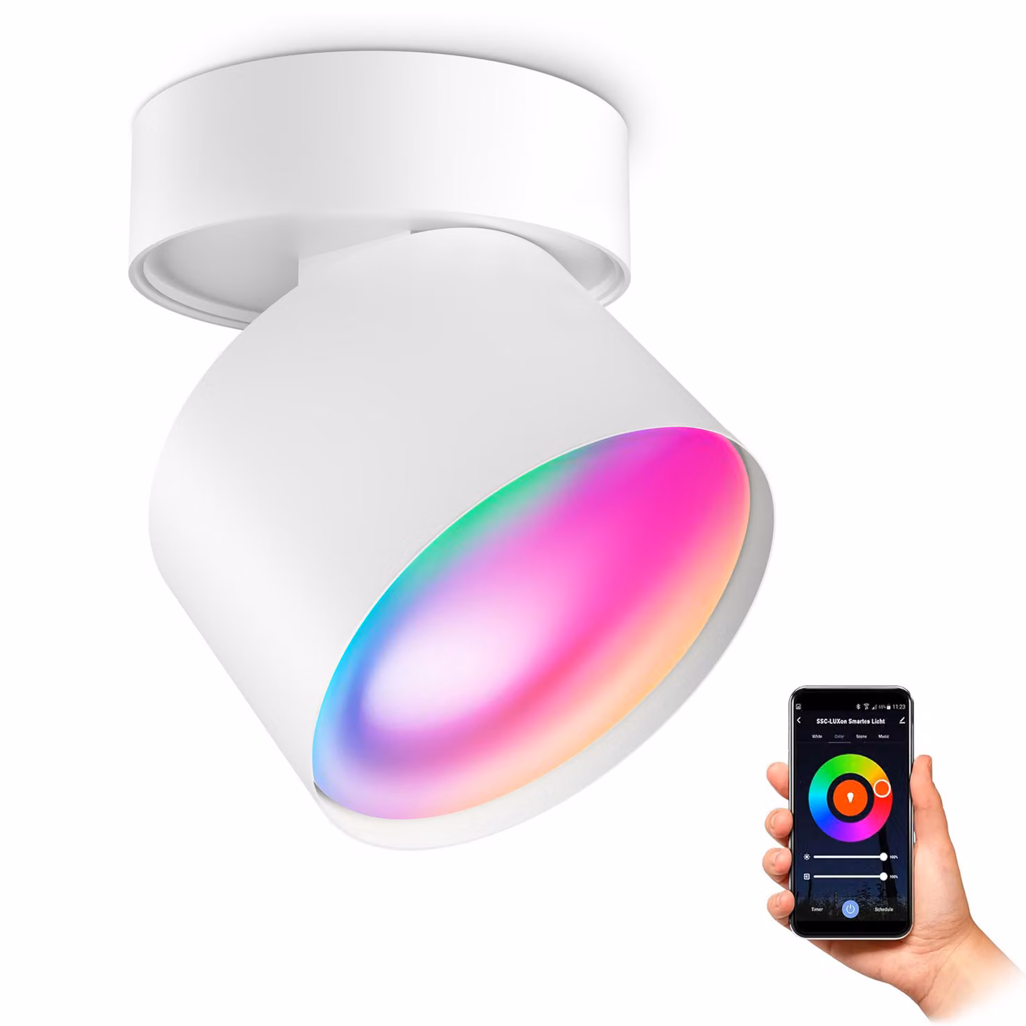 SSC-LUXon soffitto bianco - Faretto a superficie con Smart Home WiFi GX53 LED 6W RGBW dimmerabile - Lampada a spot rotonda compatibile con gli Smart Speaker