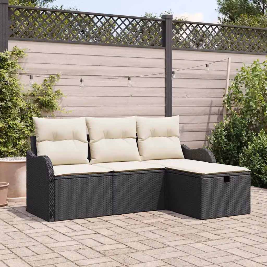 Set Divano da Giardino a L vidaXL 4 Pezzi Nero e Beige con Cuscini e Tavolino in Polyrattan e Acciaio – 1