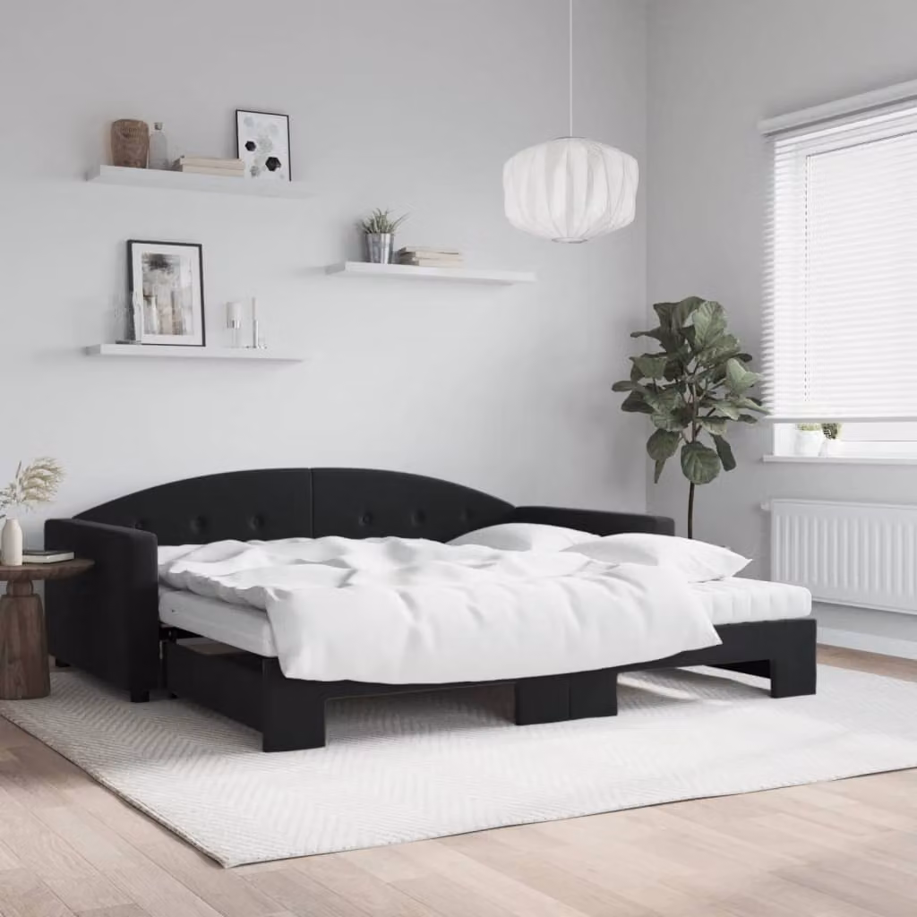 vidaXL Divano Letto Estraibile in Velluto Nero con Materasso in Schiuma L/P/H: 100 x 200 cm