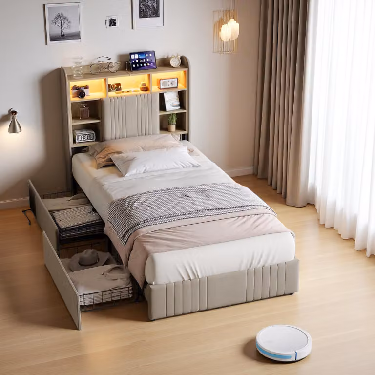 Letto imbottito ProximaX 90x200 cm beige effetto lino con 2 cassetti contenitori e porta di ricarica USB, letto funzionale per camerette e camere degli ospiti