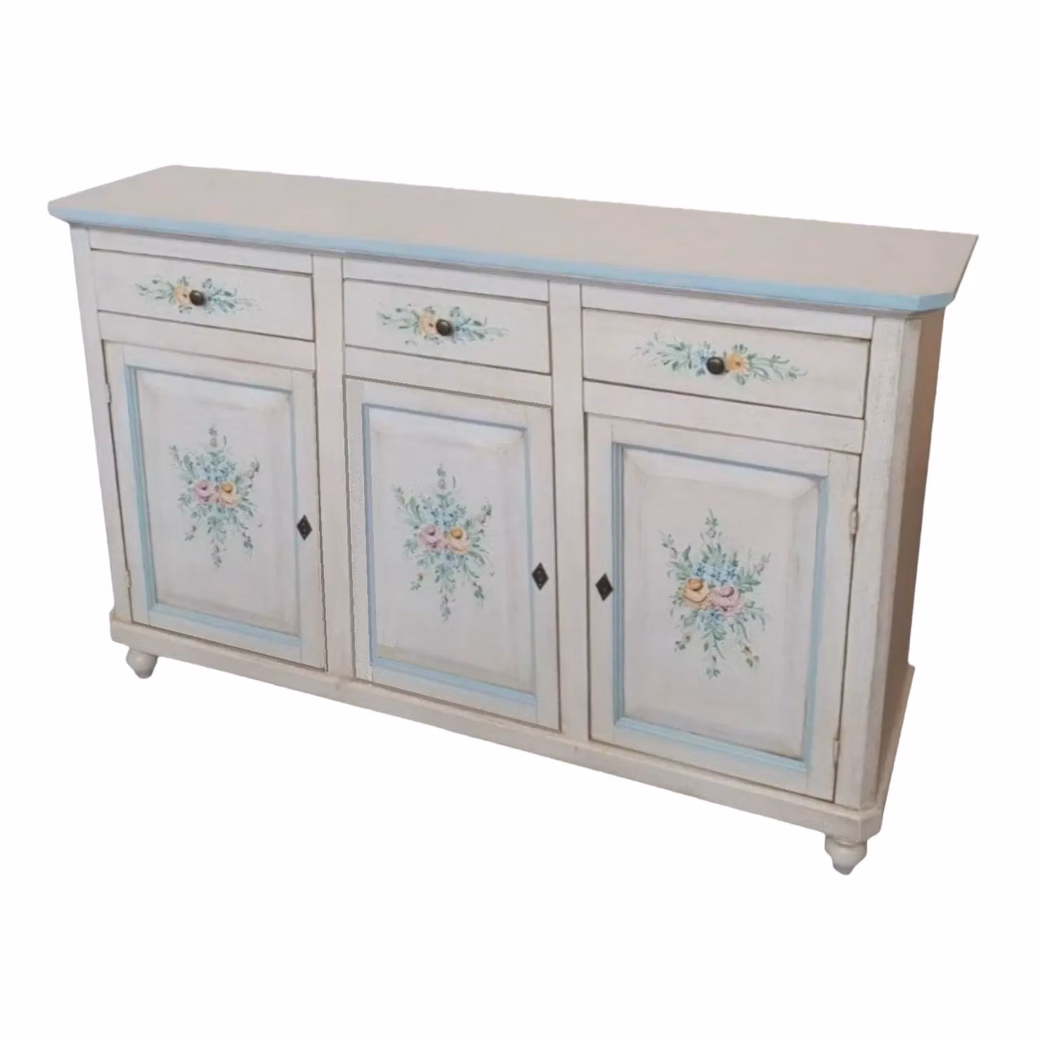 Madia credenza con 3 porte in legno bianco invecchiato e decori floreali azzurri Mobili 2G L: 150 cm, P: 43 cm, H: 98 cm
