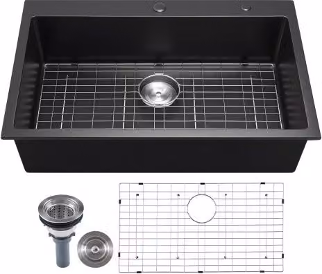 Lavello da cucina in granito VEVOR nero per montaggio a superficie, stile rurale con accessori, L: 83,8 cm, P: 55,9 cm, H: 22,2 cm