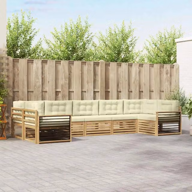Set di divani da esterno a L vidaXL in legno di acacia con cuscini Bianco e Beige – 1