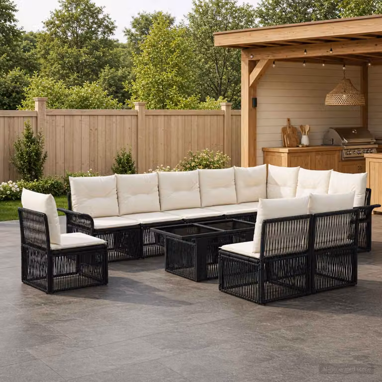 Set Divano da Giardino Moderno vidaXL in Polyrattan da 11 Pezzi, Colore Nero e Bianco Crema