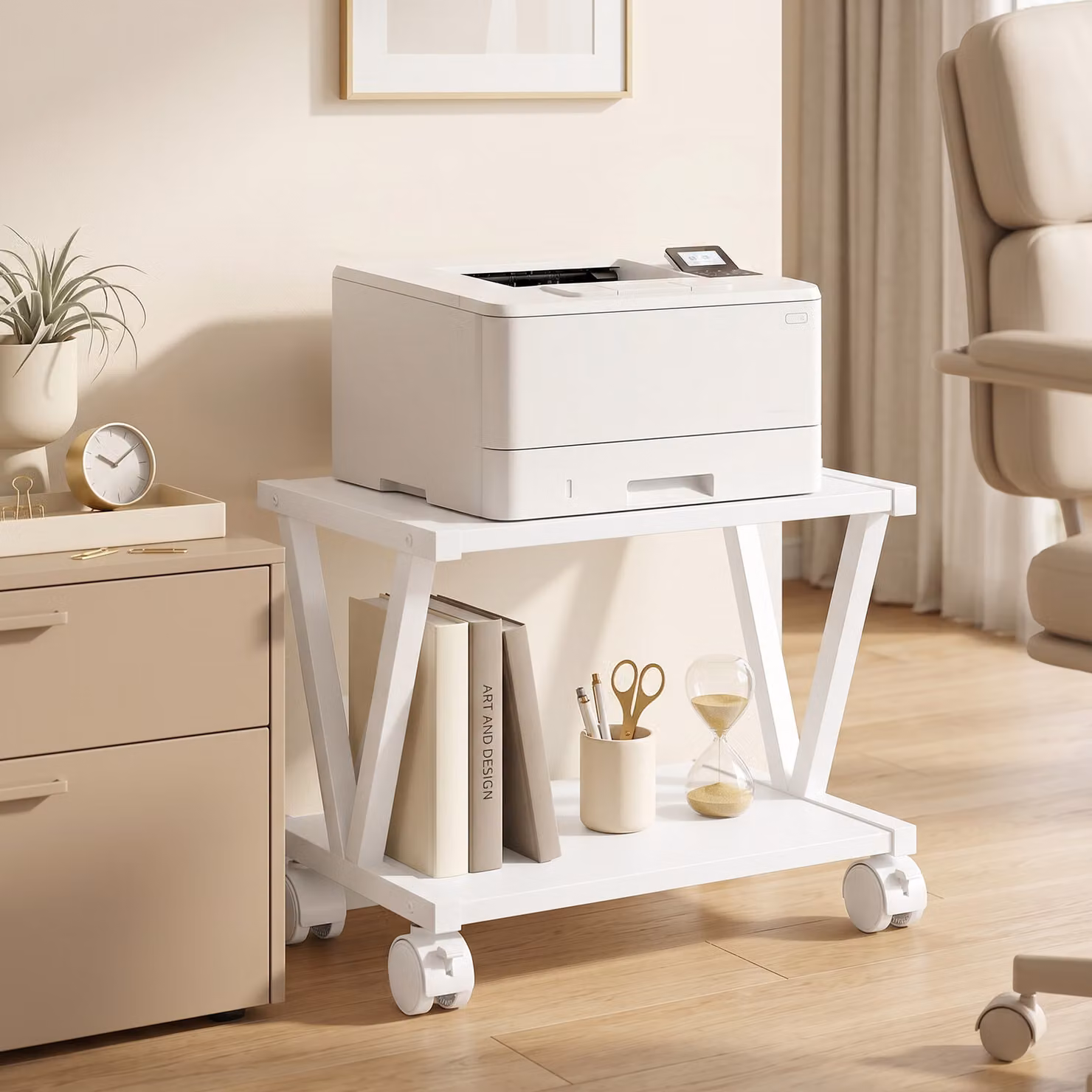 Supporto stampante HOMCOM con 2 ripiani e ruote, bianco, L 44 cm x P 28 cm x H 32 cm – 2