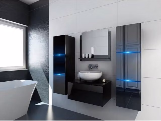 Set mobili bagno nero collezione OWL. 2 colonne, mobile sottolavabo, specchio