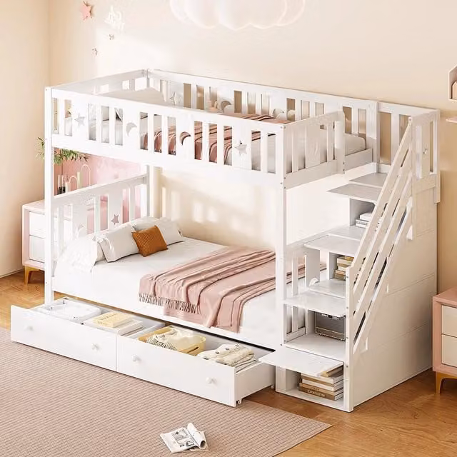Letto a castello doppio - Xylo - 90x200cm bianco, 2 grandi cassetti