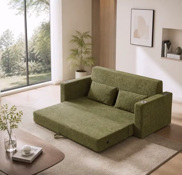 Divano letto Mivray a 2 posti pieghevole in velluto verde con porte USB, portabicchieri, tasche laterali e 2 cuscini