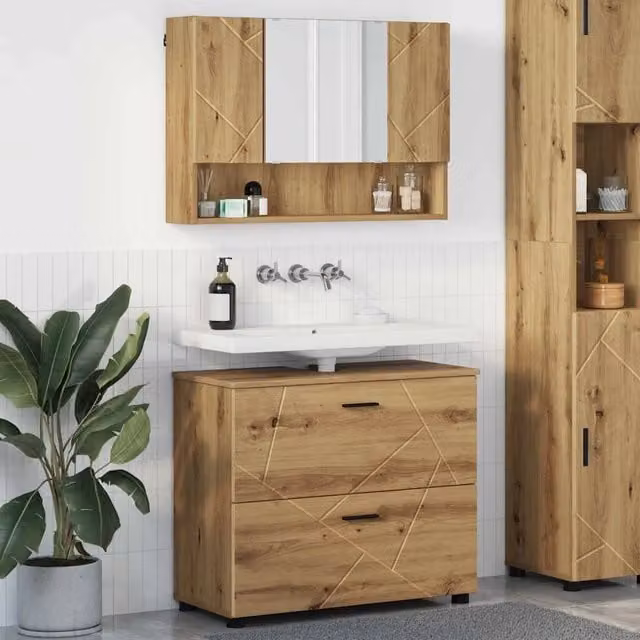 Set di mobili per il bagno moderno vidaXL composto da mobile lavabo e armadietto con specchio in legno e metallo marrone color rovere L/P/H: 80,0 x 35,0 x 64,0 cm – 1