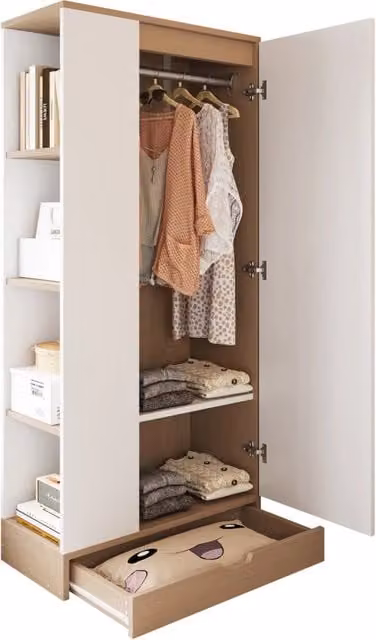 Armadio a 1 anta 70x40x170 cm con ripiani in MDF; compensato e metallo; naturale e bianco