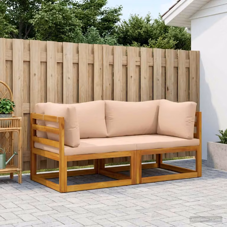 Divano angolare reversibile vidaXL in tessuto beige con cuscini e struttura in legno di acacia per esterno