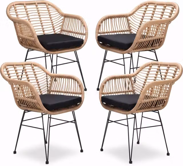Set di 4 poltrone Bali Casaria in rattan e metallo per giardino e terrazzo, colore beige e nero