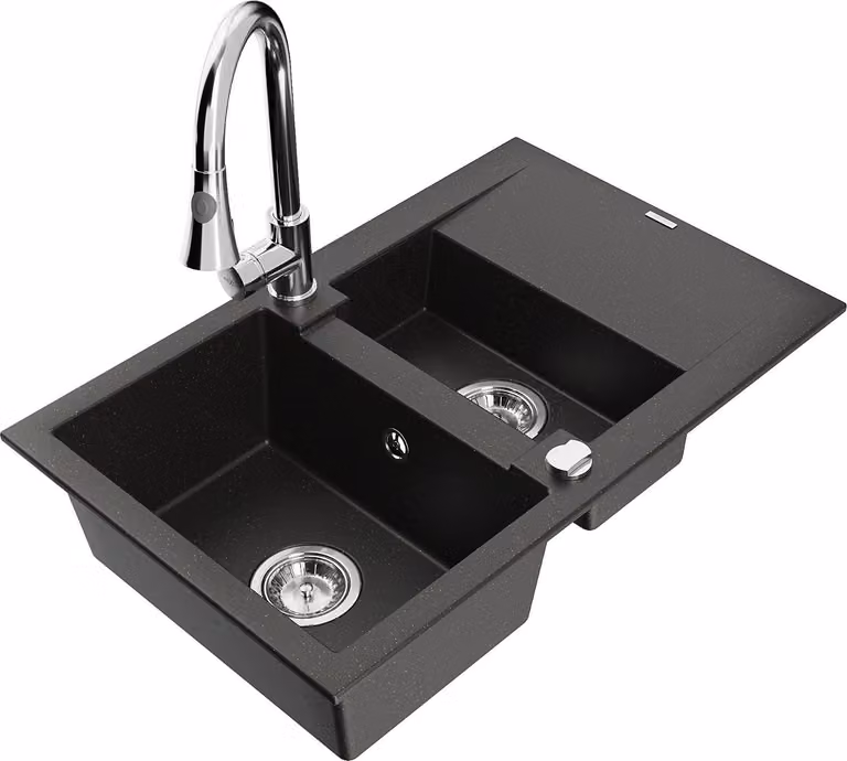 Mexen Gaspar lavello in granito a 1,5 vasche con scolapiatti e rubinetto da cucina Elia, nero/oro metallico - 6507-75-670101-00