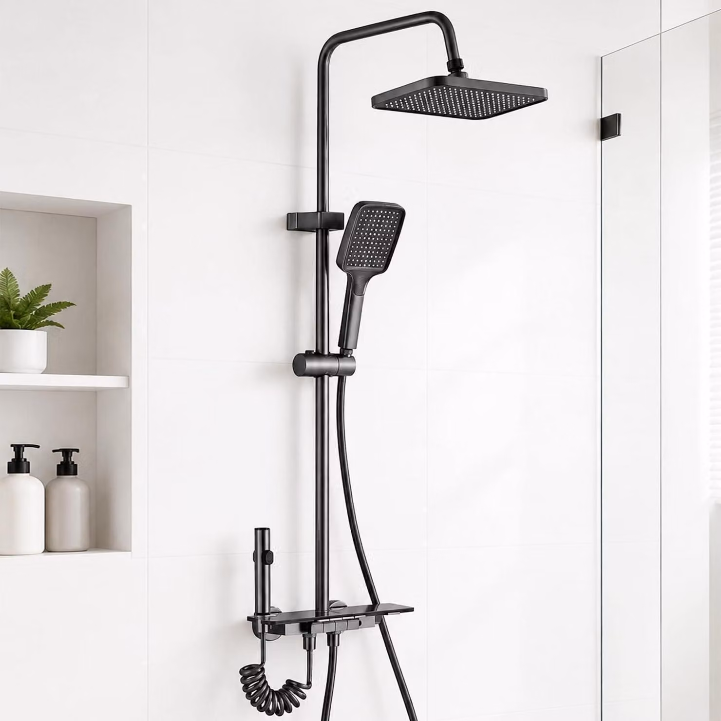 Kit completo per rubinetto doccia, con soffione a pioggia e barra doccia regolabile in altezza da 85 a 110 cm, sistema doccia grigio con soffione quadrato