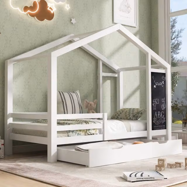 Letto a casetta per bambini WISHDOR in legno massiccio di pino con 2 cassetti e sponde, bianco, L/P/H: 200 x 90 x 120 cm