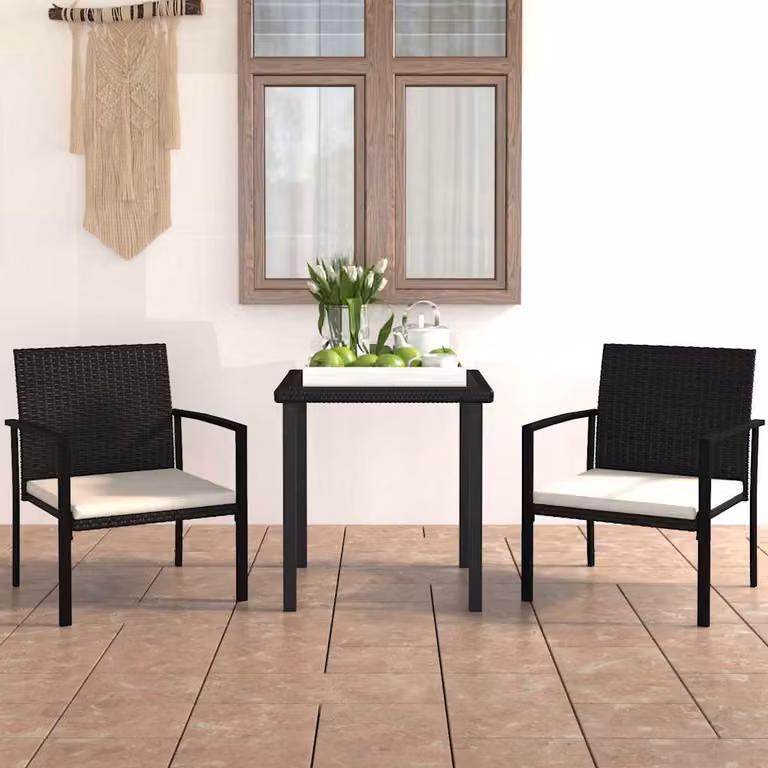 Set da pranzo da giardino vidaXL in 3 pezzi in polyrattan nero e beige con piano in vetro