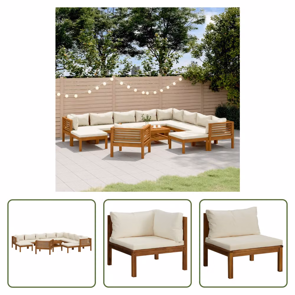 The Living Store Set da salotto da giardino 12 pezzi con cuscini crema Legno massiccio di acacia