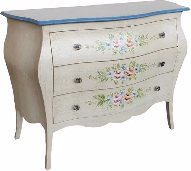 Cassettiera sagomata in legno con 3 cassetti in stile shabby chic con decori floreali Mobili 2G L: 99 cm, P: 41 cm, H: 85 cm – 1