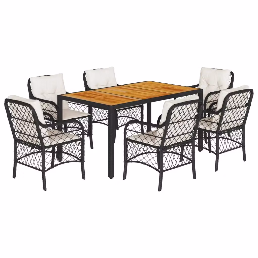 vidaXL Set da Pranzo da Giardino 7 pz in Polyrattan e Legno di Acacia con Cuscini Nero, Beige e Bianco – 2