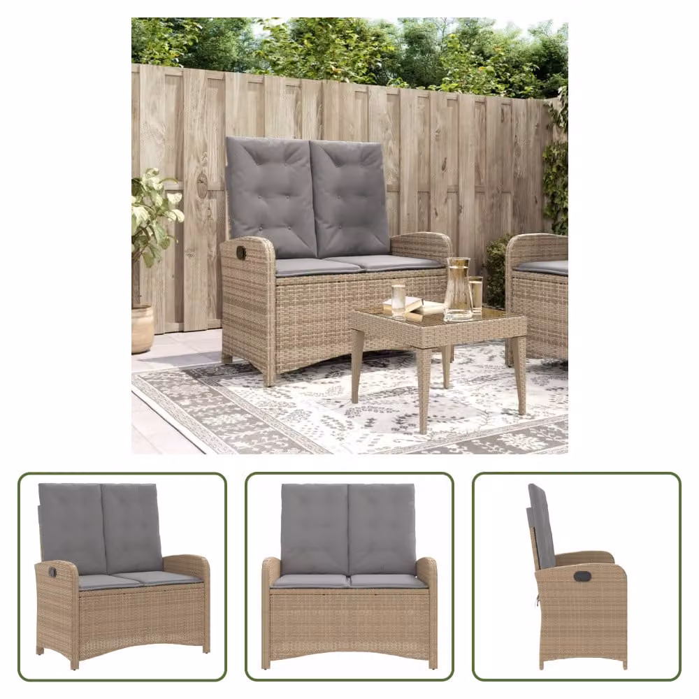The Living Store Panca da giardino regolabile con cuscino Beige Poly Rattan