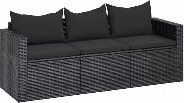 Divano da Giardino a 3 Posti-Sofa da giardino con Cuscini Nero in Polyrattan 522656