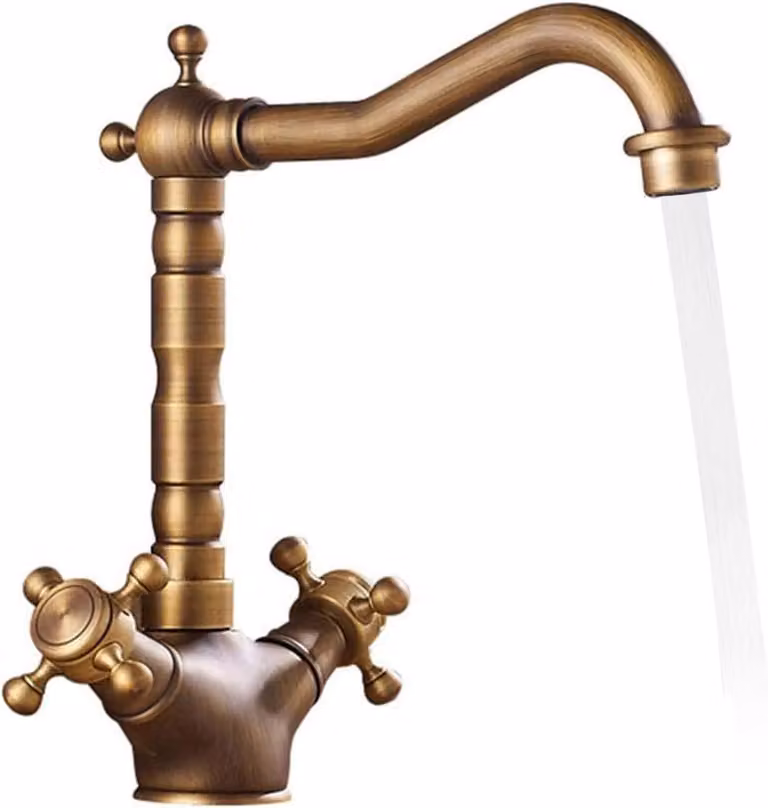 Miscelatore da cucina vintage, girevole a 360°, in ottone, con due manopole, completo di tubo flessibile, per lavabo