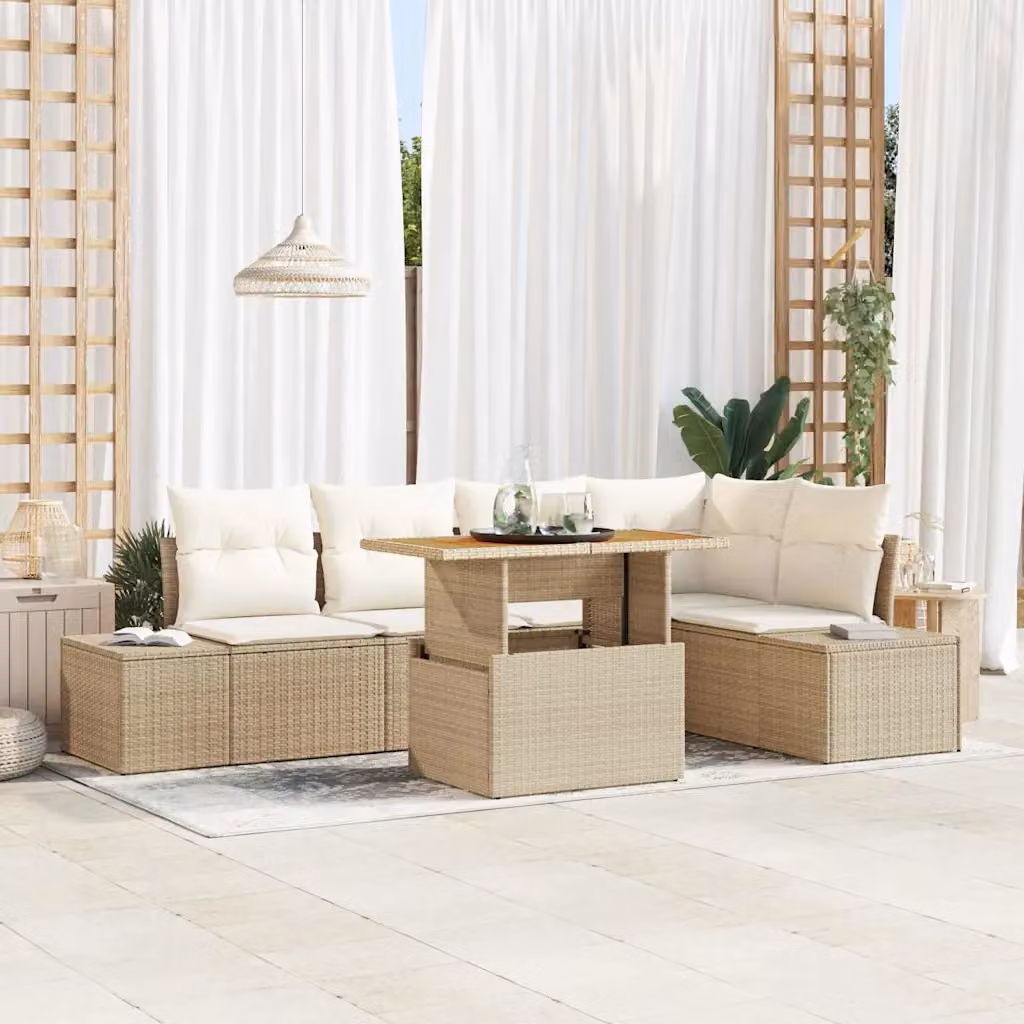 Set Divano da Giardino vidaXL 6 Pezzi Beige con Cuscini e Tavolino in Rattan e Metallo