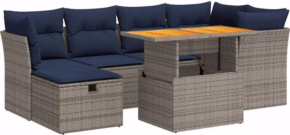 Set Divani da Giardino con Cuscini 7pz Nero Polyrattan Acacia