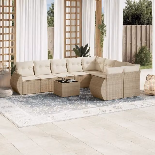 Set Divano da Giardino 10 Pezzi vidaXL con Cuscini Beige e Tavolino in Polyrattan e Metallo – 1
