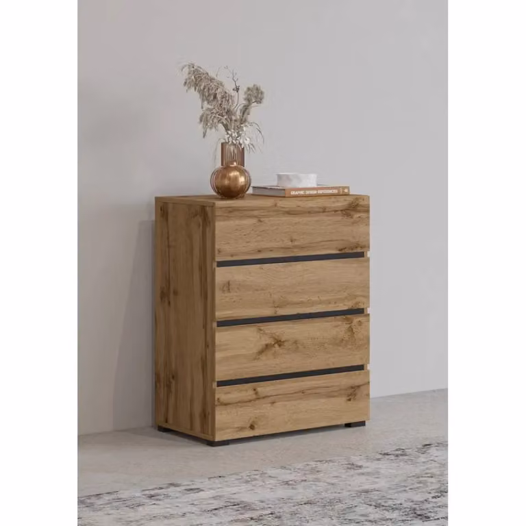 Piccolo buffet HAVANA Meublorama con 4 cassetti in rovere e nero stile moderno e naturale