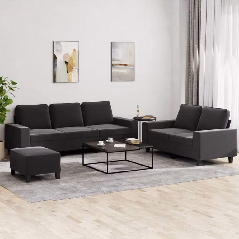 Set di divani 3 pezzi vidaXL in tessuto nero con pouf e cuscini per soggiorno moderno
