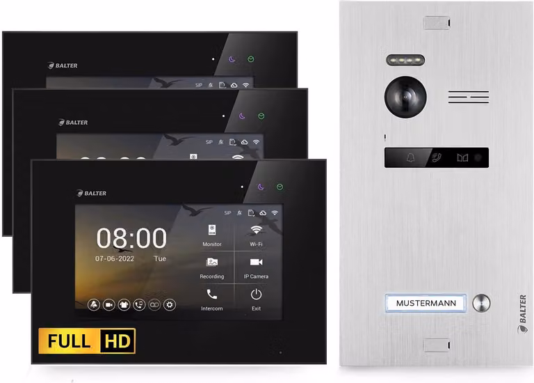 Videocitofono HD per casa monofamiliare, 3x monitor, Balter EVO HD nero