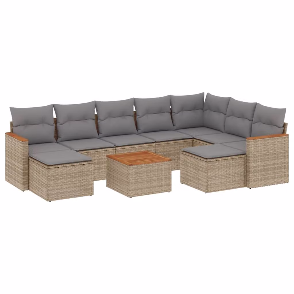 Set Divano da Giardino 10 pz con Cuscini Beige Misto Polyrattan