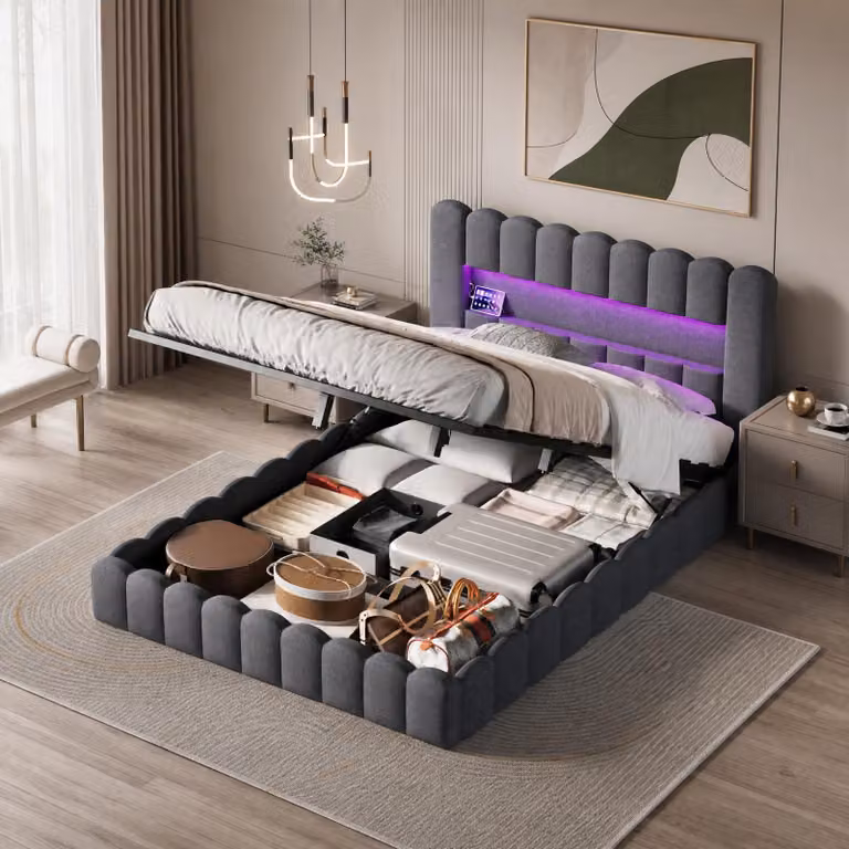 Letto imbottito INONEFT 180x200 cm con LED, contenitore nella testiera, letto a molle, letto matrimoniale con sistema di sollevamento idraulico e rete a doghe, letto per ragazzi, tessuto in lino, colore grigio