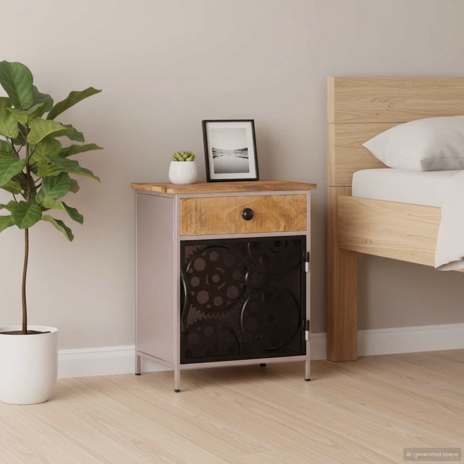 Comodino vidaXL in legno di mango grezzo e metallo, colore marrone, L 40 cm x P 30 cm x H 50 cm