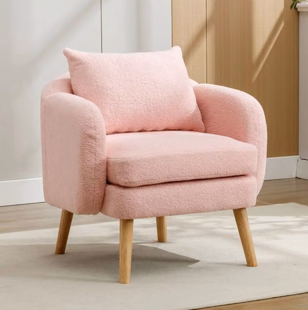 Poltrona ULEVR in velluto teddy rosa 71x72x71 cm con cuscino schienale e seduta imbottita, portata 150 kg
